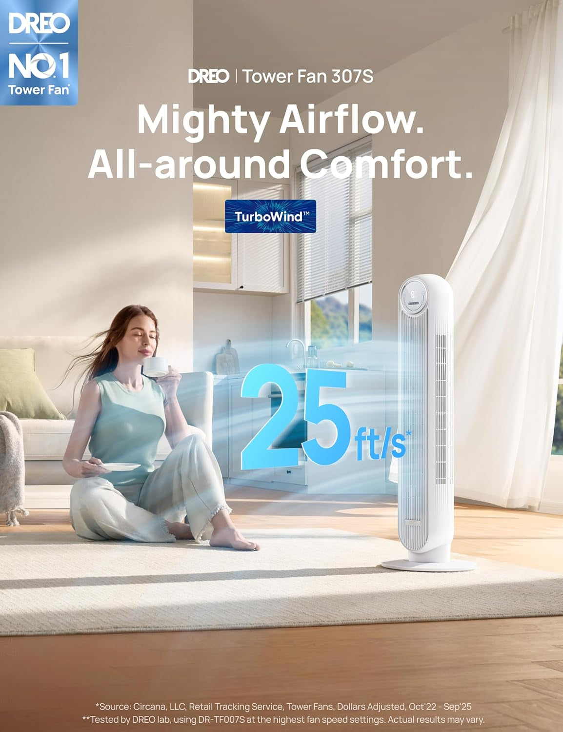 Tower Fan for Bedroom, 25Ft/S Smart Standing Fans, 90° Oscillating Floor Fan with 4 Modes, 4 Speeds, 8H Timer, 28Db, Bladeless, Remote, Works with Wifi Voice Control