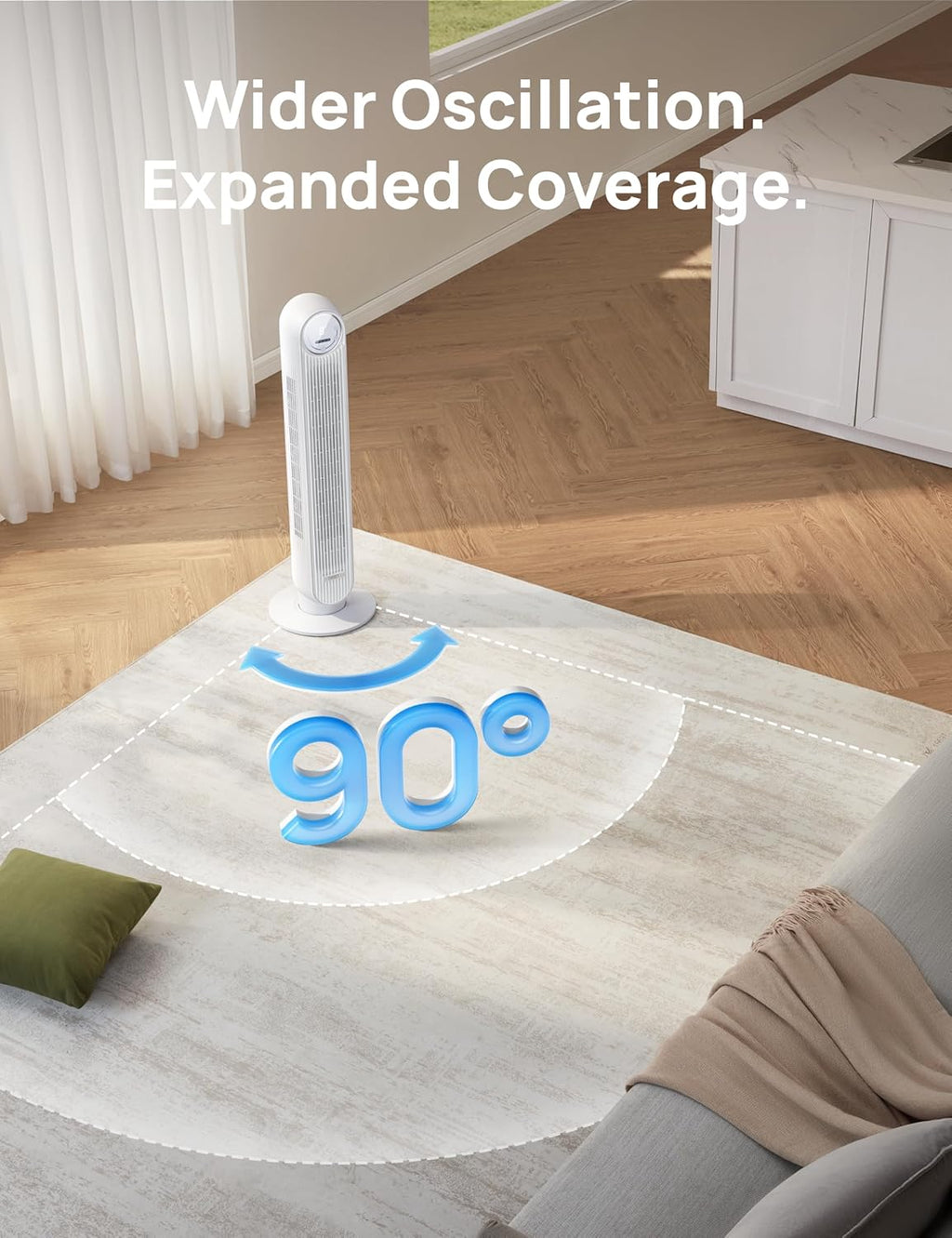 Tower Fan for Bedroom, 25Ft/S Smart Standing Fans, 90° Oscillating Floor Fan with 4 Modes, 4 Speeds, 8H Timer, 28Db, Bladeless, Remote, Works with Wifi Voice Control