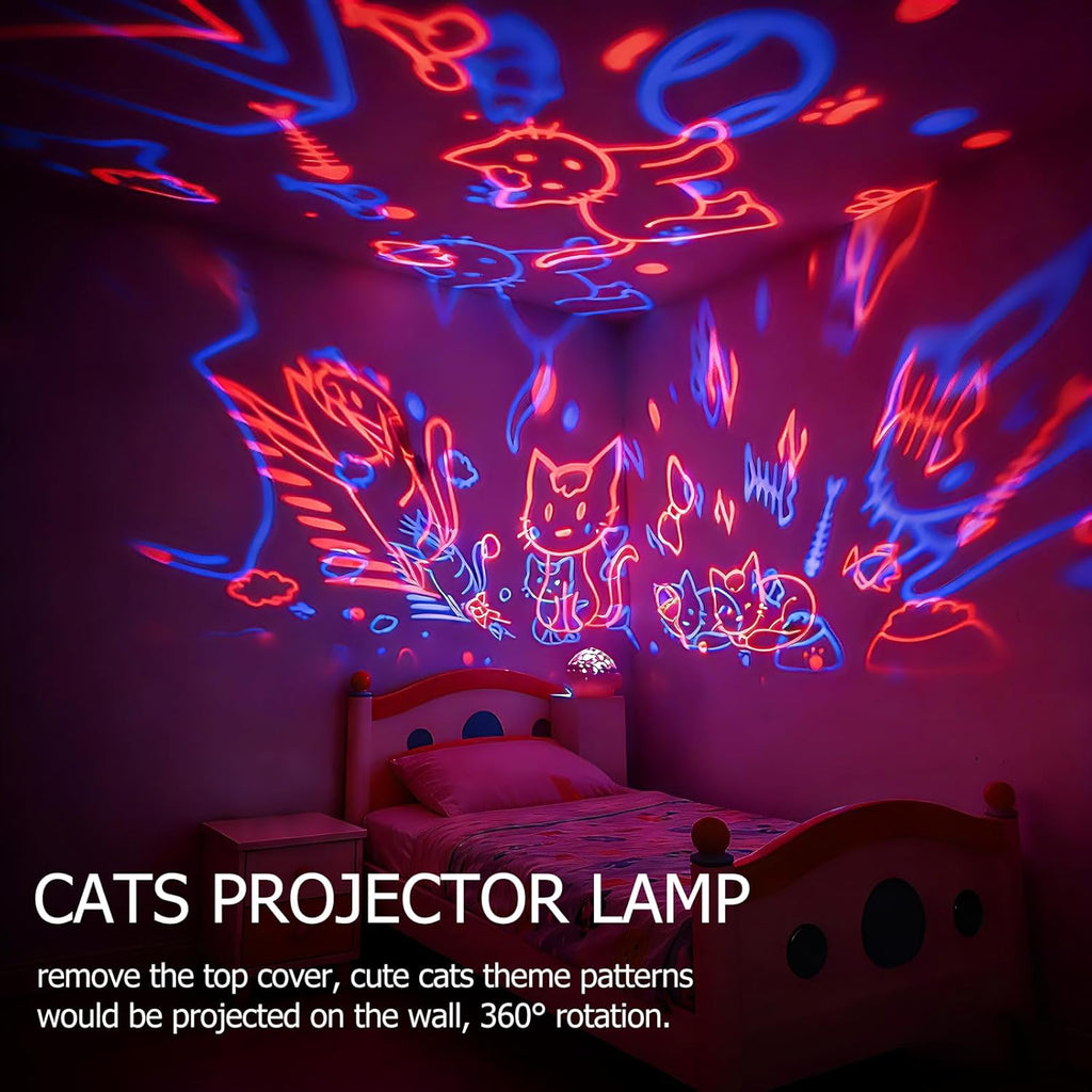 Cats Projector Night Light with 10H Auto-Off Timer (No Remote), 360° Rotation Nightlight, RGBW LED Color Mode, Usb/Battery Operated, Gift for Kids, Children & Cat Lovers