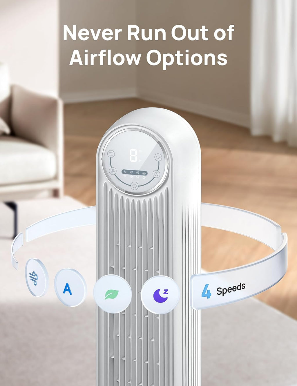 Tower Fan for Bedroom, 25Ft/S Smart Standing Fans, 90° Oscillating Floor Fan with 4 Modes, 4 Speeds, 8H Timer, 28Db, Bladeless, Remote, Works with Wifi Voice Control