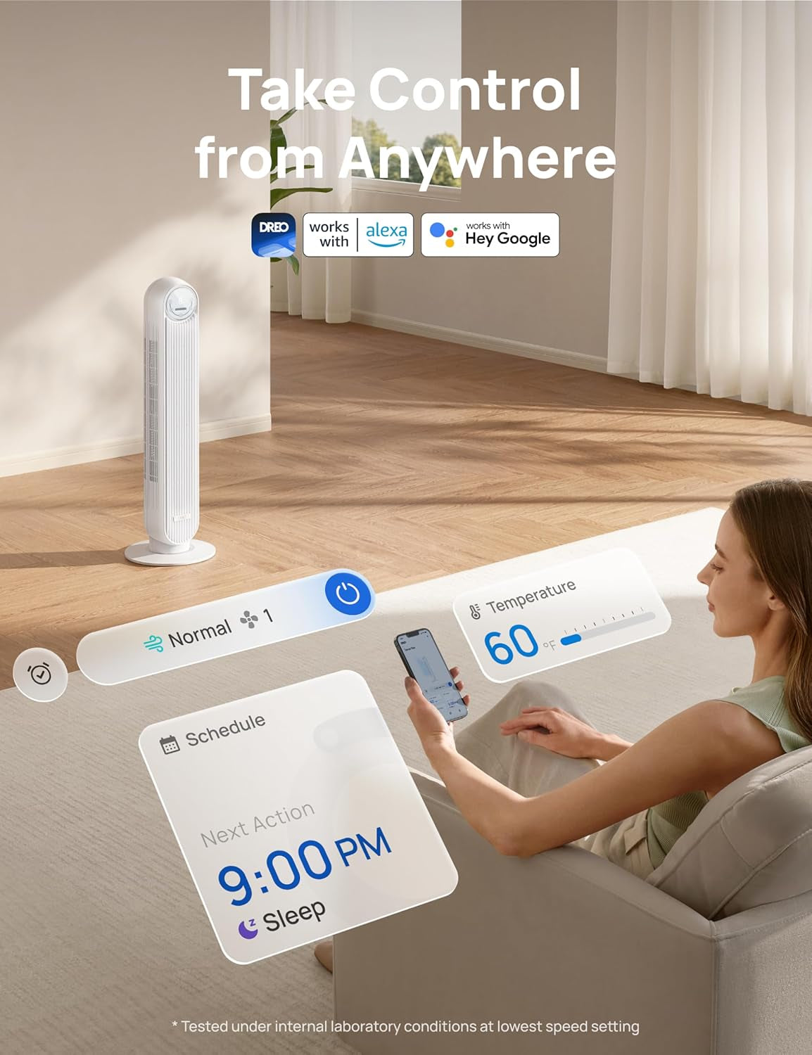 Tower Fan for Bedroom, 25Ft/S Smart Standing Fans, 90° Oscillating Floor Fan with 4 Modes, 4 Speeds, 8H Timer, 28Db, Bladeless, Remote, Works with Wifi Voice Control